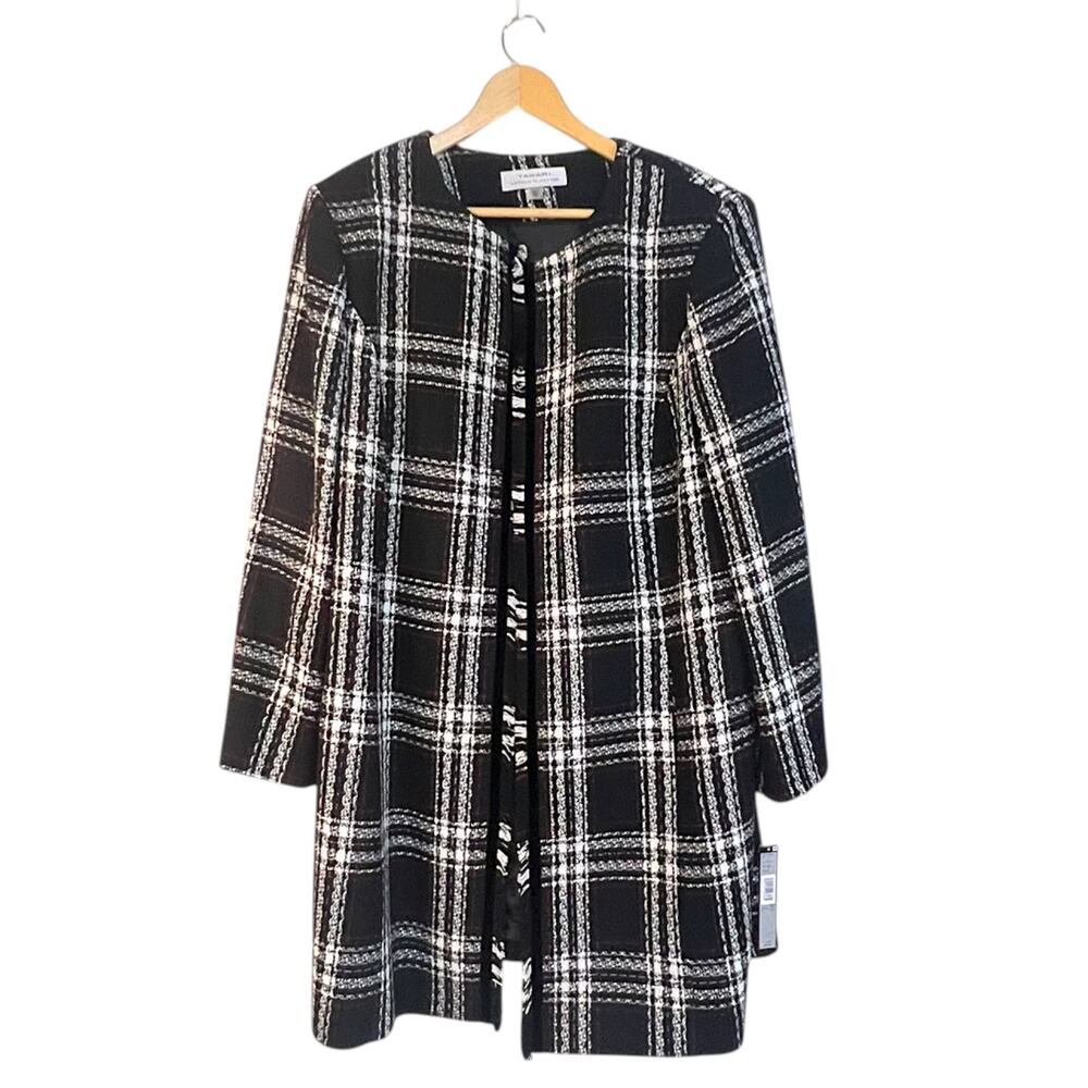 NWT Tahari Overcoat Size 16W B/W Arthur S. Levine Open Front Tweed Fringe
